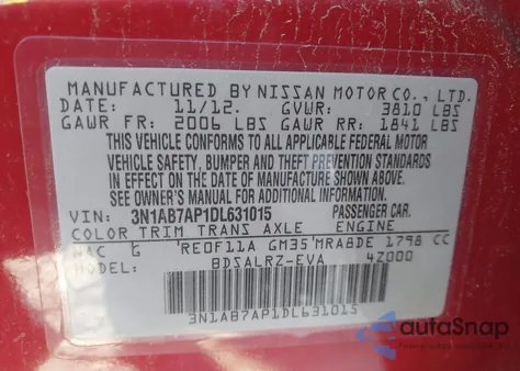 2013 Nissan Sentra Sr из США, поврежденный, VIN 3N1AB7AP1DL631015